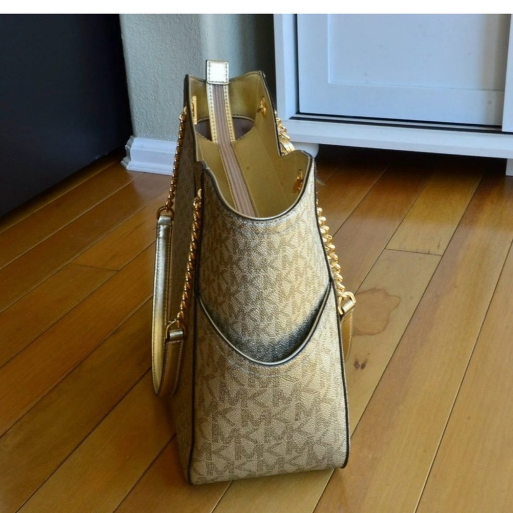 Michael Kors Beige Logo Tote with Gold Chain Straps - Picture 3 of 9